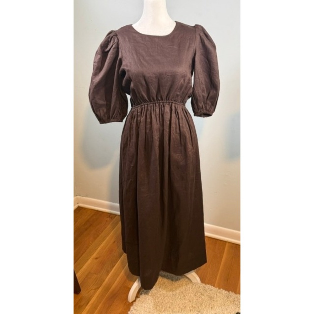 DISSH Claudia Dark Chocolate Linen Puff Sleeve Open Back Midi Dress AU6/US 2 NWT